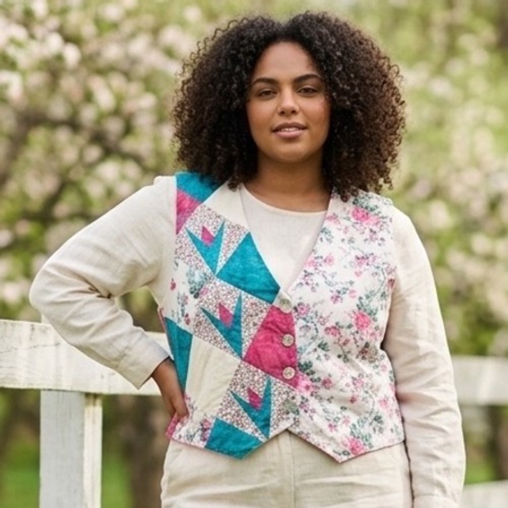 Handmade Quilted Patchwork Floral L Vest Pink Teal Boho Cottagecore Grandmacore
